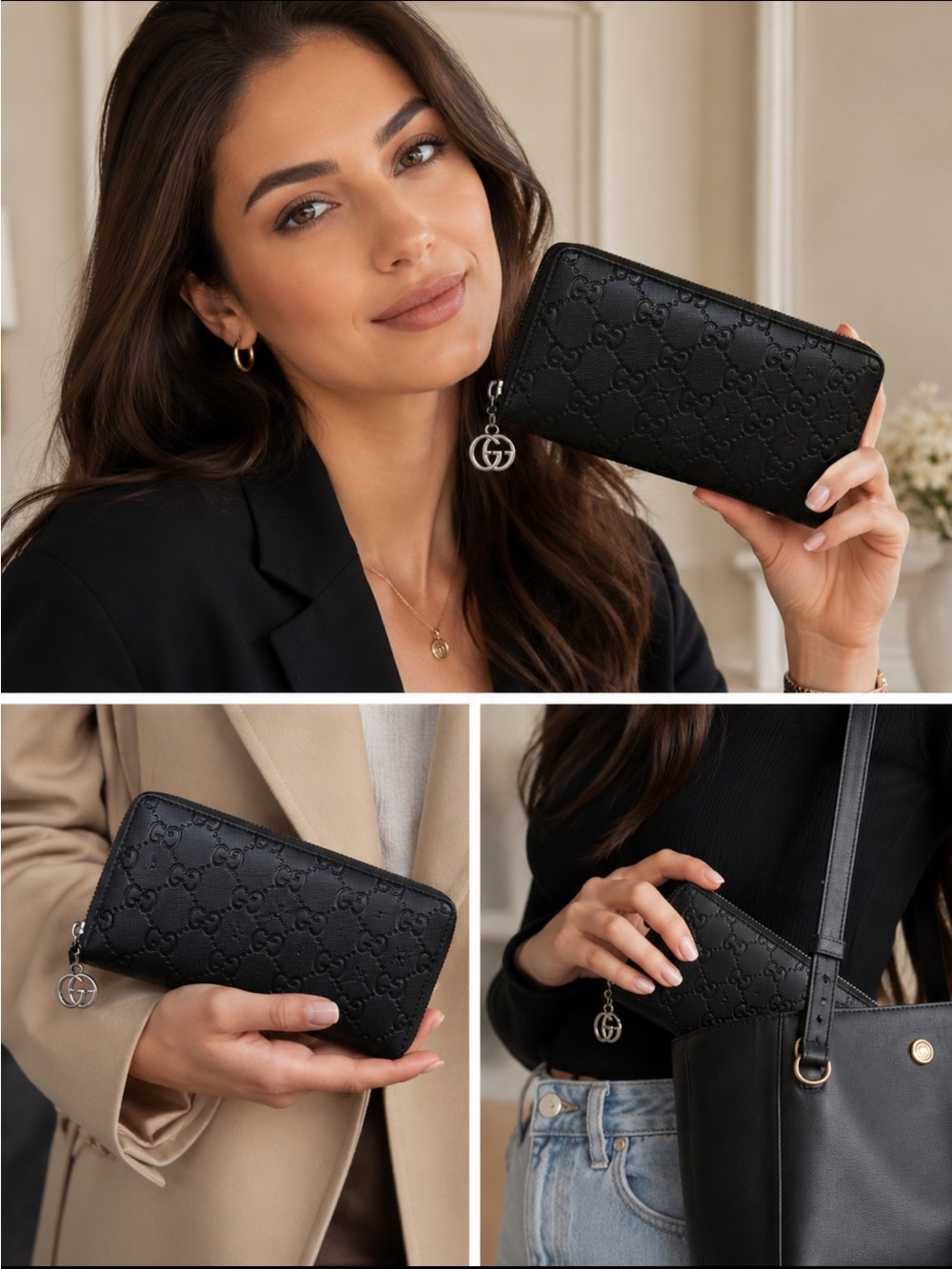 Gucci Long Embossed GG Zip Wallet with Silver Charm